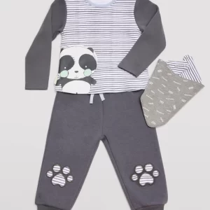 CONJUNTO BEBE TRES PIEZAS PANDA GRIS YSABEL MORA